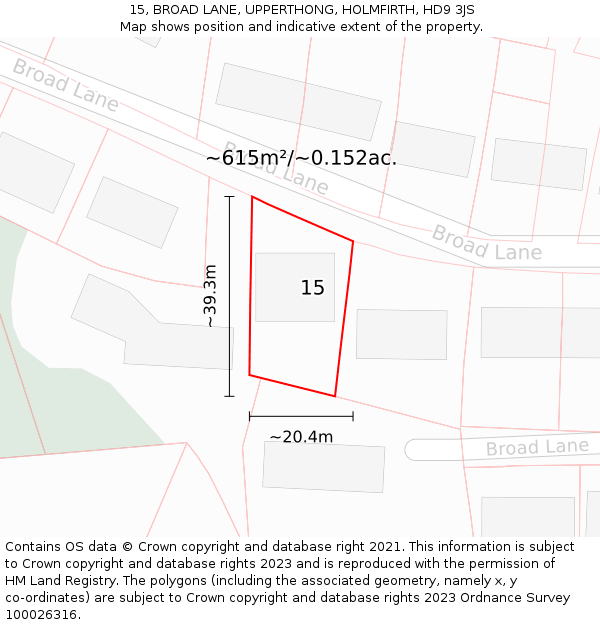 15, BROAD LANE, UPPERTHONG, HOLMFIRTH, HD9 3JS: Plot and title map