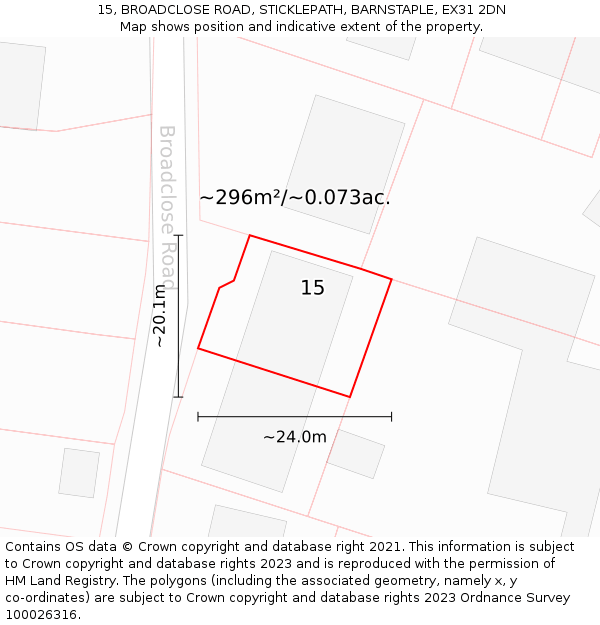15, BROADCLOSE ROAD, STICKLEPATH, BARNSTAPLE, EX31 2DN: Plot and title map