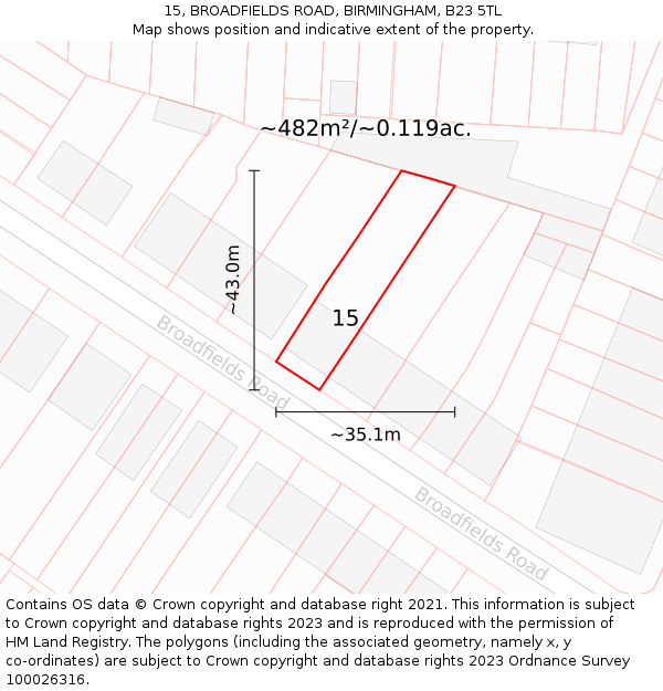 15, BROADFIELDS ROAD, BIRMINGHAM, B23 5TL: Plot and title map