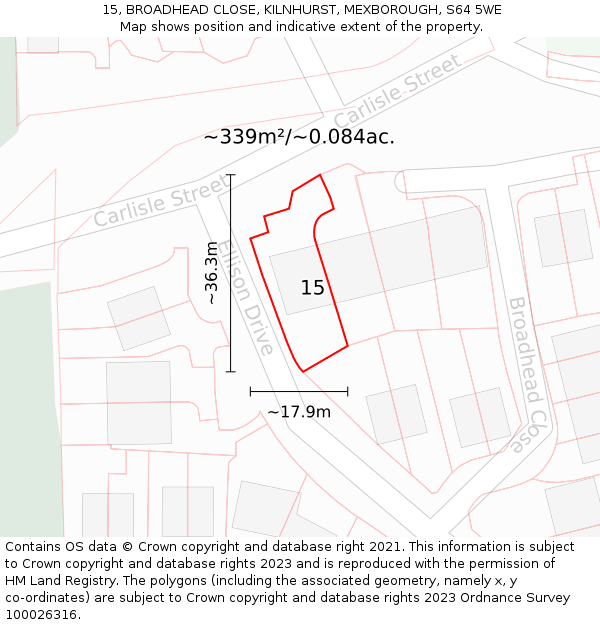 15, BROADHEAD CLOSE, KILNHURST, MEXBOROUGH, S64 5WE: Plot and title map