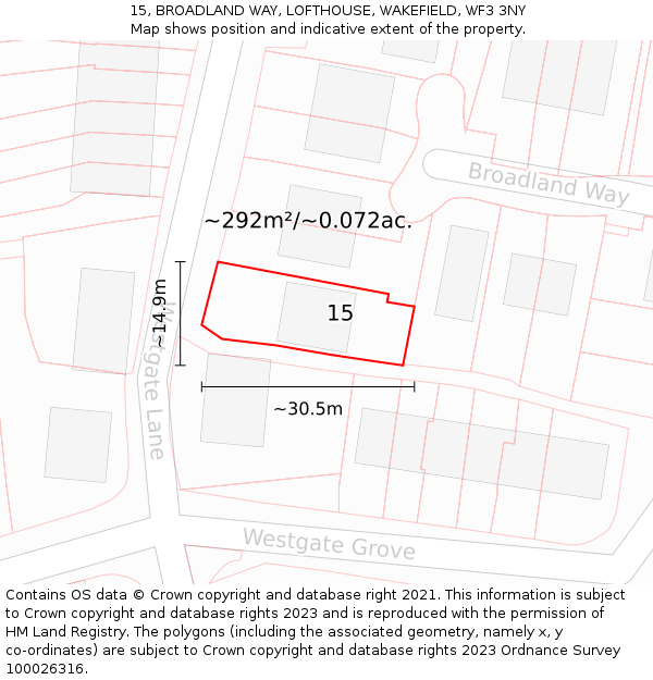 15, BROADLAND WAY, LOFTHOUSE, WAKEFIELD, WF3 3NY: Plot and title map