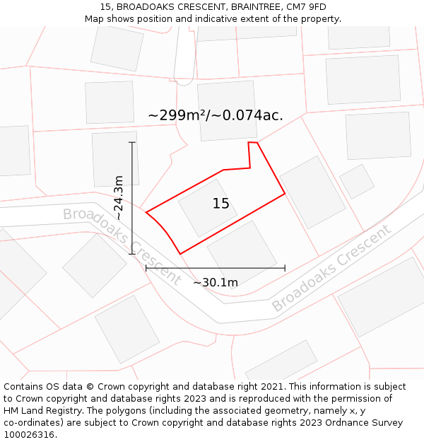 15, BROADOAKS CRESCENT, BRAINTREE, CM7 9FD: Plot and title map