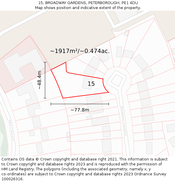 15, BROADWAY GARDENS, PETERBOROUGH, PE1 4DU: Plot and title map
