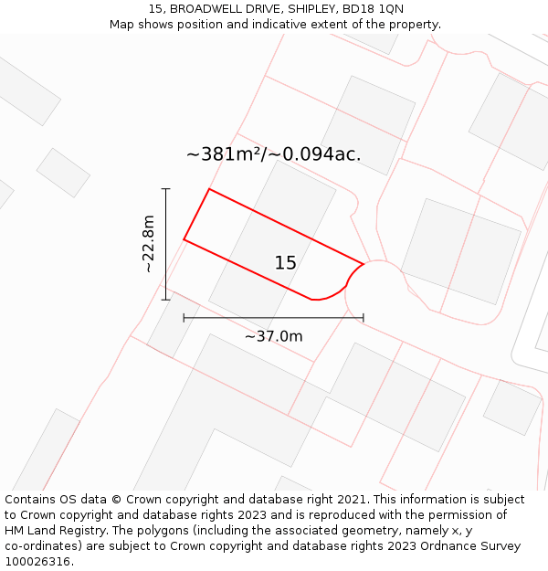 15, BROADWELL DRIVE, SHIPLEY, BD18 1QN: Plot and title map