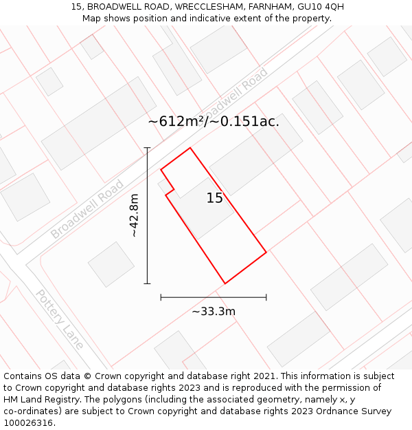 15, BROADWELL ROAD, WRECCLESHAM, FARNHAM, GU10 4QH: Plot and title map