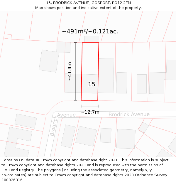 15, BRODRICK AVENUE, GOSPORT, PO12 2EN: Plot and title map