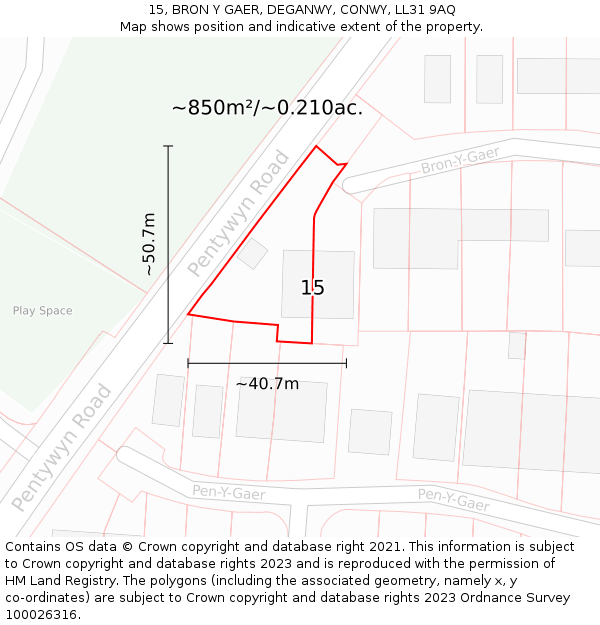 15, BRON Y GAER, DEGANWY, CONWY, LL31 9AQ: Plot and title map