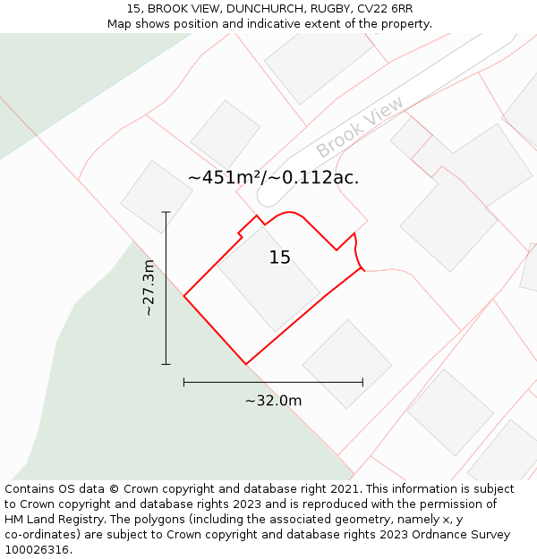 15, BROOK VIEW, DUNCHURCH, RUGBY, CV22 6RR: Plot and title map