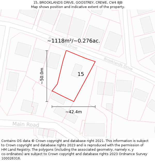 15, BROOKLANDS DRIVE, GOOSTREY, CREWE, CW4 8JB: Plot and title map