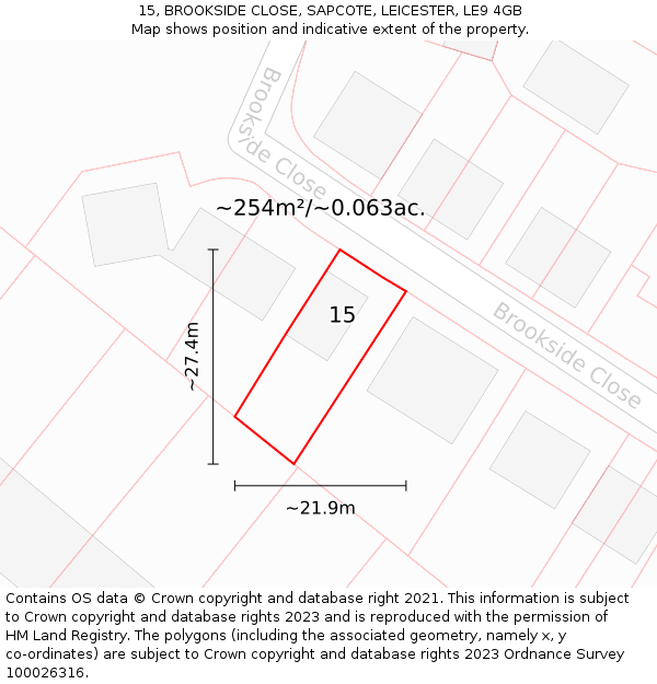 15, BROOKSIDE CLOSE, SAPCOTE, LEICESTER, LE9 4GB: Plot and title map