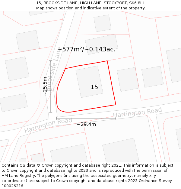 15, BROOKSIDE LANE, HIGH LANE, STOCKPORT, SK6 8HL: Plot and title map