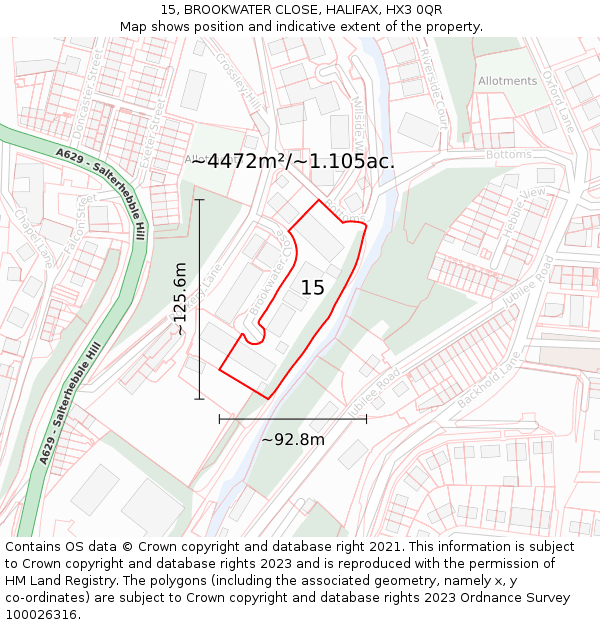 15, BROOKWATER CLOSE, HALIFAX, HX3 0QR: Plot and title map