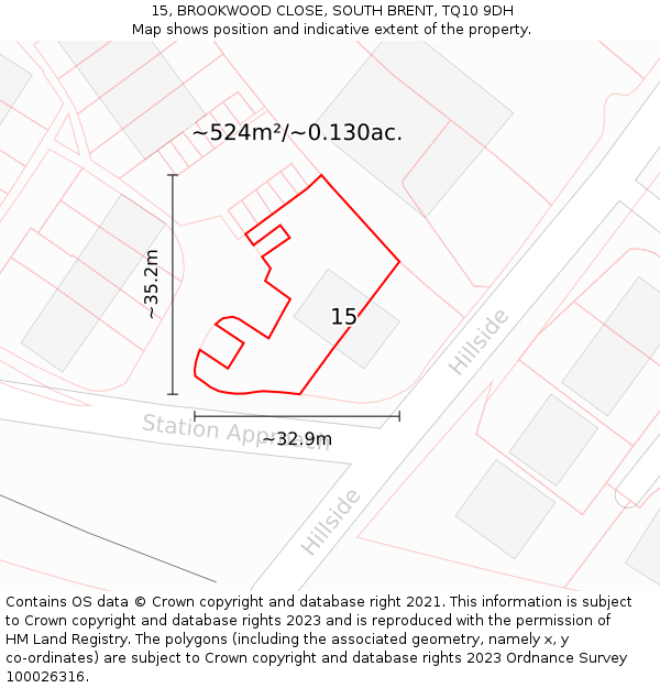 15, BROOKWOOD CLOSE, SOUTH BRENT, TQ10 9DH: Plot and title map