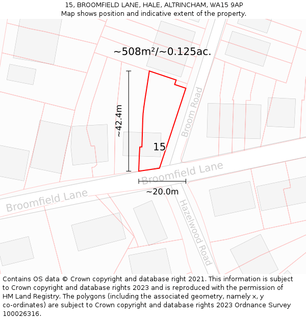 15, BROOMFIELD LANE, HALE, ALTRINCHAM, WA15 9AP: Plot and title map
