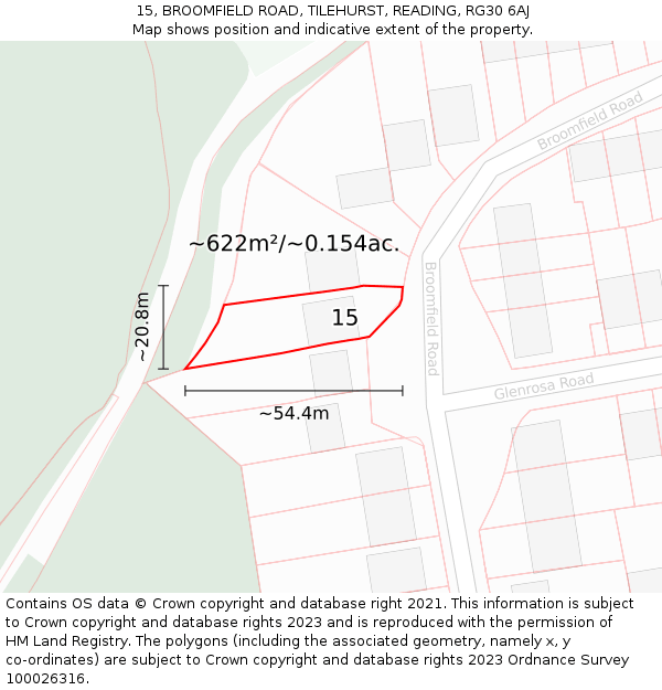 15, BROOMFIELD ROAD, TILEHURST, READING, RG30 6AJ: Plot and title map
