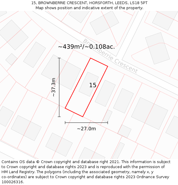 15, BROWNBERRIE CRESCENT, HORSFORTH, LEEDS, LS18 5PT: Plot and title map
