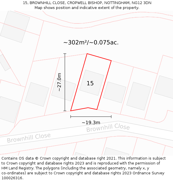 15, BROWNHILL CLOSE, CROPWELL BISHOP, NOTTINGHAM, NG12 3DN: Plot and title map