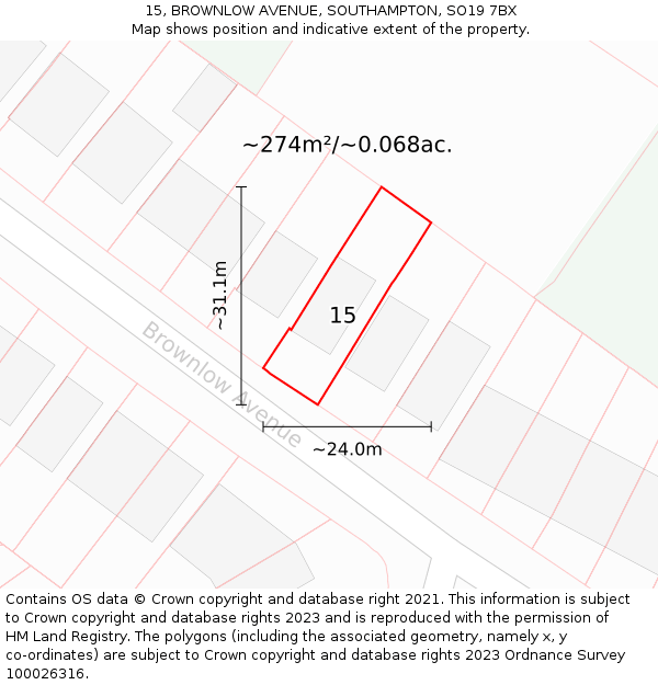 15, BROWNLOW AVENUE, SOUTHAMPTON, SO19 7BX: Plot and title map
