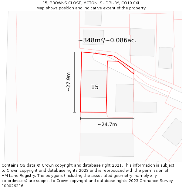 15, BROWNS CLOSE, ACTON, SUDBURY, CO10 0XL: Plot and title map