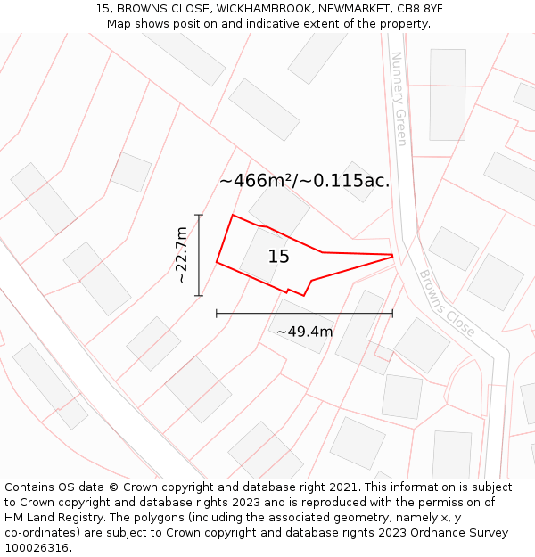 15, BROWNS CLOSE, WICKHAMBROOK, NEWMARKET, CB8 8YF: Plot and title map