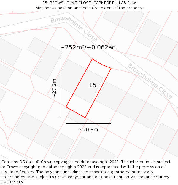 15, BROWSHOLME CLOSE, CARNFORTH, LA5 9UW: Plot and title map