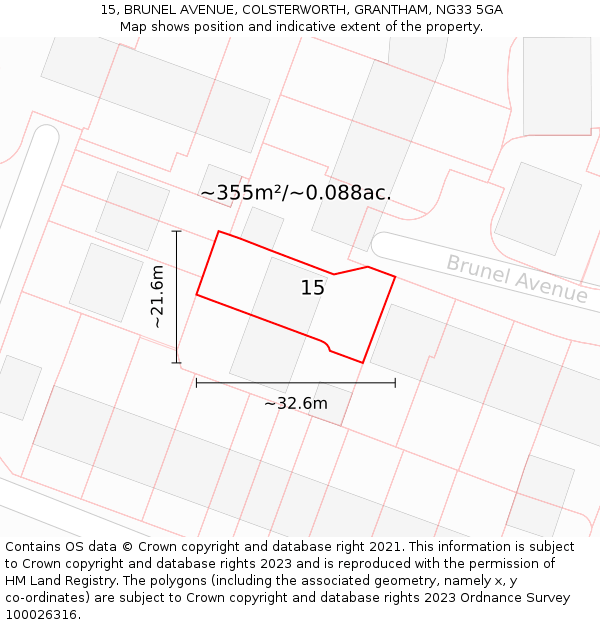 15, BRUNEL AVENUE, COLSTERWORTH, GRANTHAM, NG33 5GA: Plot and title map
