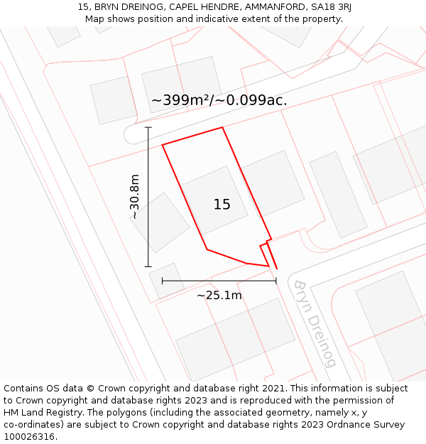 15, BRYN DREINOG, CAPEL HENDRE, AMMANFORD, SA18 3RJ: Plot and title map