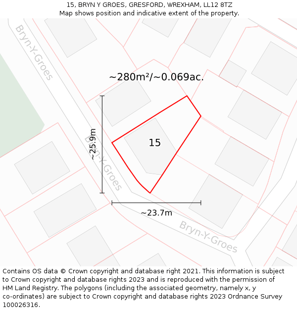 15, BRYN Y GROES, GRESFORD, WREXHAM, LL12 8TZ: Plot and title map