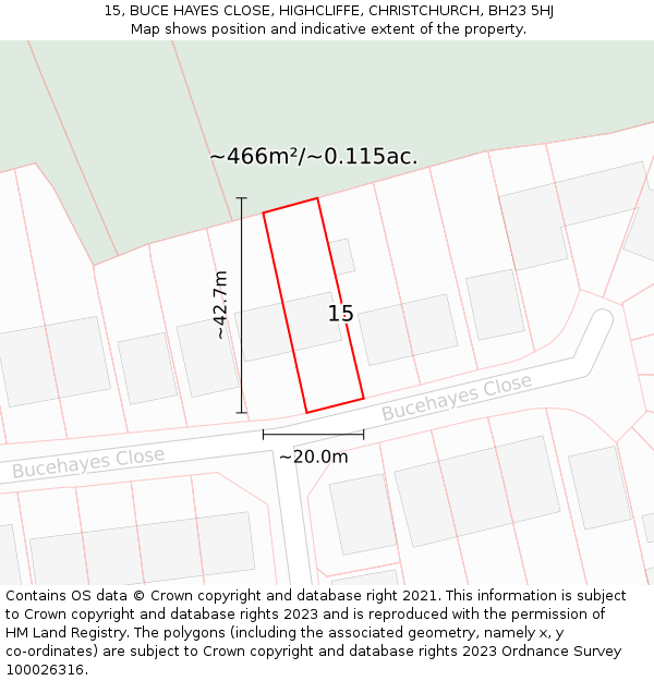 15, BUCE HAYES CLOSE, HIGHCLIFFE, CHRISTCHURCH, BH23 5HJ: Plot and title map