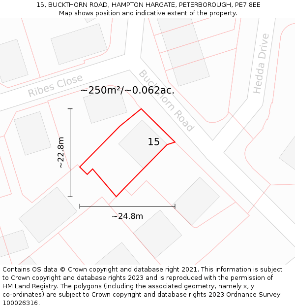 15, BUCKTHORN ROAD, HAMPTON HARGATE, PETERBOROUGH, PE7 8EE: Plot and title map