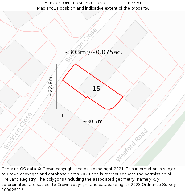 15, BUCKTON CLOSE, SUTTON COLDFIELD, B75 5TF: Plot and title map