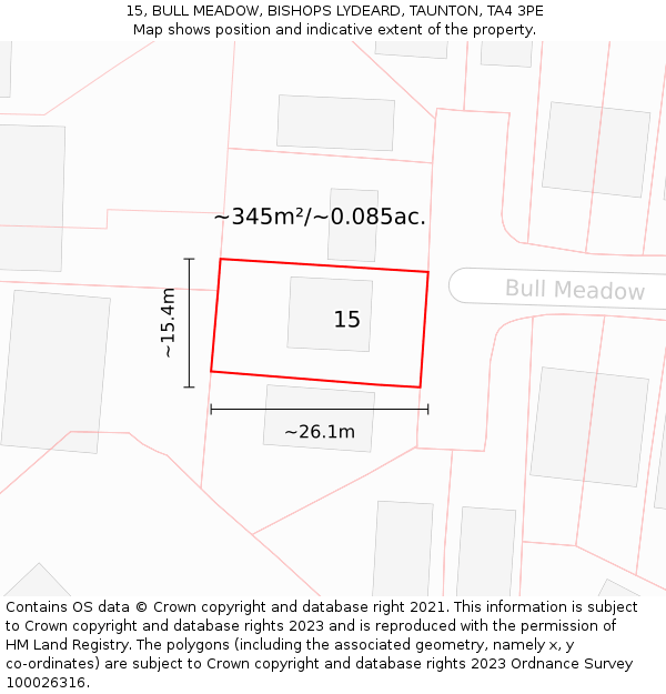 15, BULL MEADOW, BISHOPS LYDEARD, TAUNTON, TA4 3PE: Plot and title map