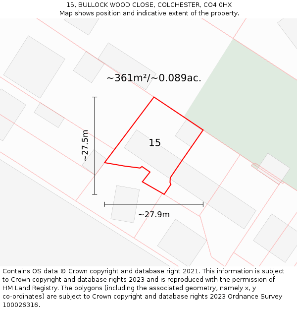 15, BULLOCK WOOD CLOSE, COLCHESTER, CO4 0HX: Plot and title map