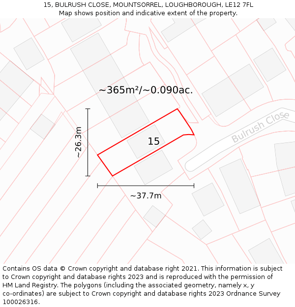 15, BULRUSH CLOSE, MOUNTSORREL, LOUGHBOROUGH, LE12 7FL: Plot and title map
