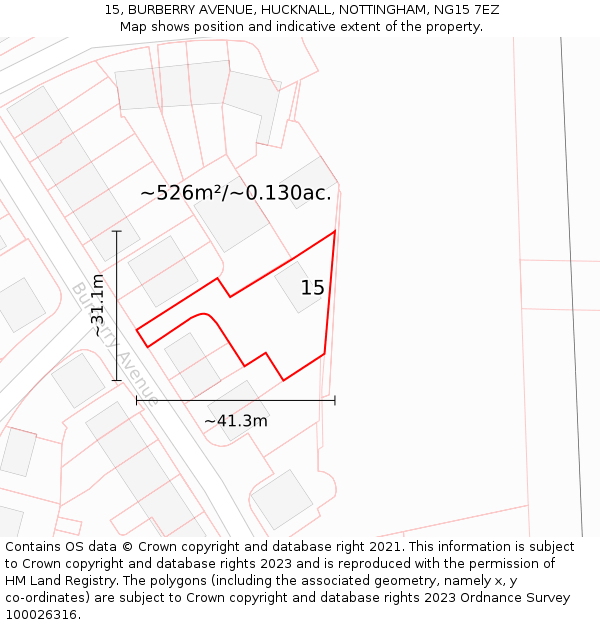 15, BURBERRY AVENUE, HUCKNALL, NOTTINGHAM, NG15 7EZ: Plot and title map
