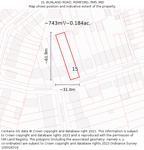 15, BURLAND ROAD, ROMFORD, RM5 3RD: Plot and title map