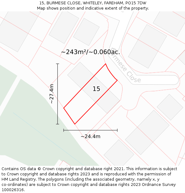15, BURMESE CLOSE, WHITELEY, FAREHAM, PO15 7DW: Plot and title map