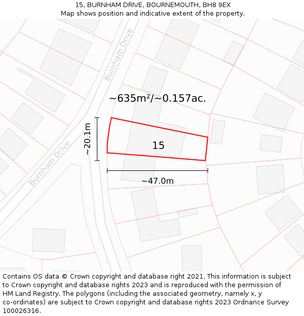 15, BURNHAM DRIVE, BOURNEMOUTH, BH8 9EX: Plot and title map