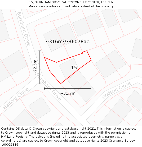 15, BURNHAM DRIVE, WHETSTONE, LEICESTER, LE8 6HY: Plot and title map