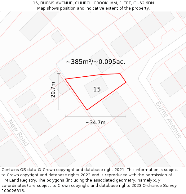 15, BURNS AVENUE, CHURCH CROOKHAM, FLEET, GU52 6BN: Plot and title map