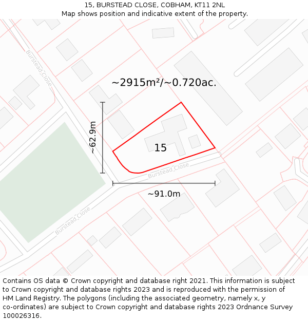 15, BURSTEAD CLOSE, COBHAM, KT11 2NL: Plot and title map