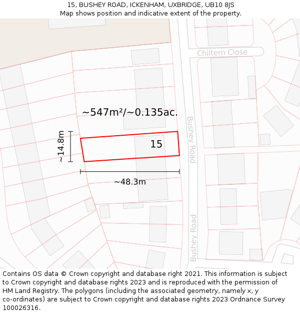 15, BUSHEY ROAD, ICKENHAM, UXBRIDGE, UB10 8JS: Plot and title map