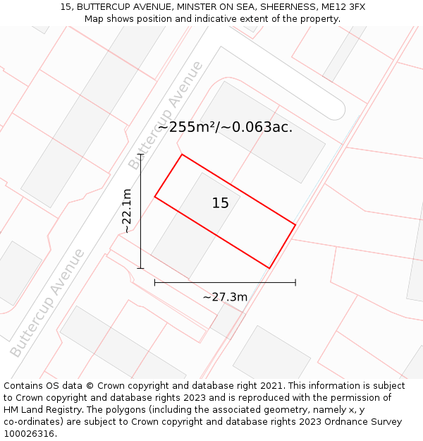 15, BUTTERCUP AVENUE, MINSTER ON SEA, SHEERNESS, ME12 3FX: Plot and title map