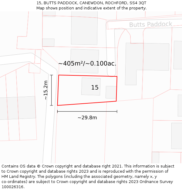 15, BUTTS PADDOCK, CANEWDON, ROCHFORD, SS4 3QT: Plot and title map
