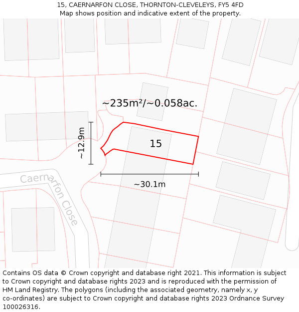 15, CAERNARFON CLOSE, THORNTON-CLEVELEYS, FY5 4FD: Plot and title map