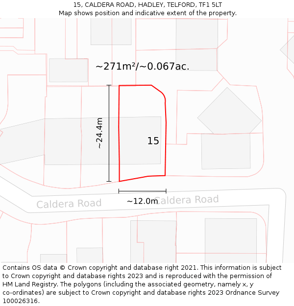 15, CALDERA ROAD, HADLEY, TELFORD, TF1 5LT: Plot and title map