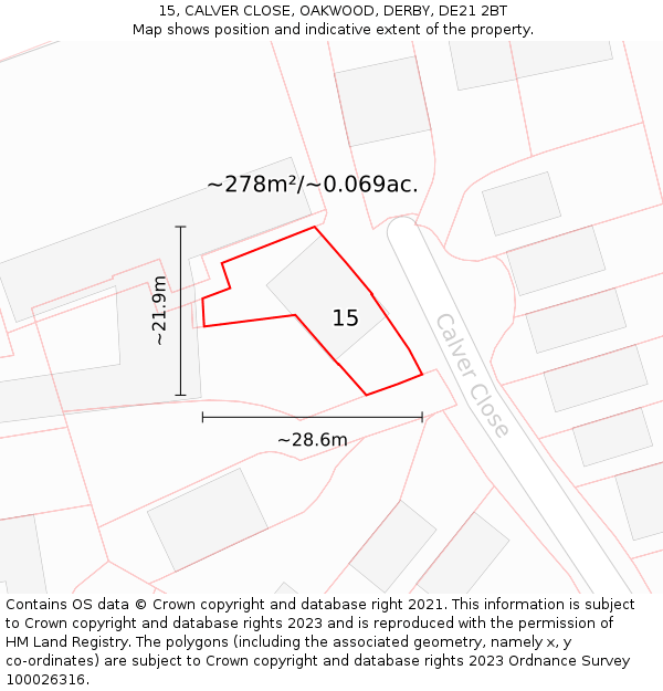 15, CALVER CLOSE, OAKWOOD, DERBY, DE21 2BT: Plot and title map