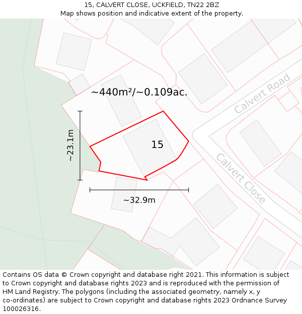 15, CALVERT CLOSE, UCKFIELD, TN22 2BZ: Plot and title map