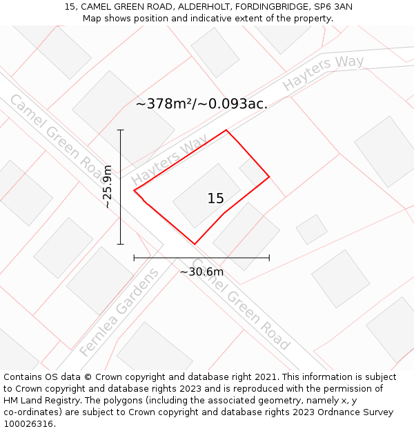 15, CAMEL GREEN ROAD, ALDERHOLT, FORDINGBRIDGE, SP6 3AN: Plot and title map