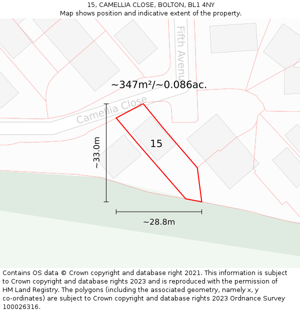 15, CAMELLIA CLOSE, BOLTON, BL1 4NY: Plot and title map